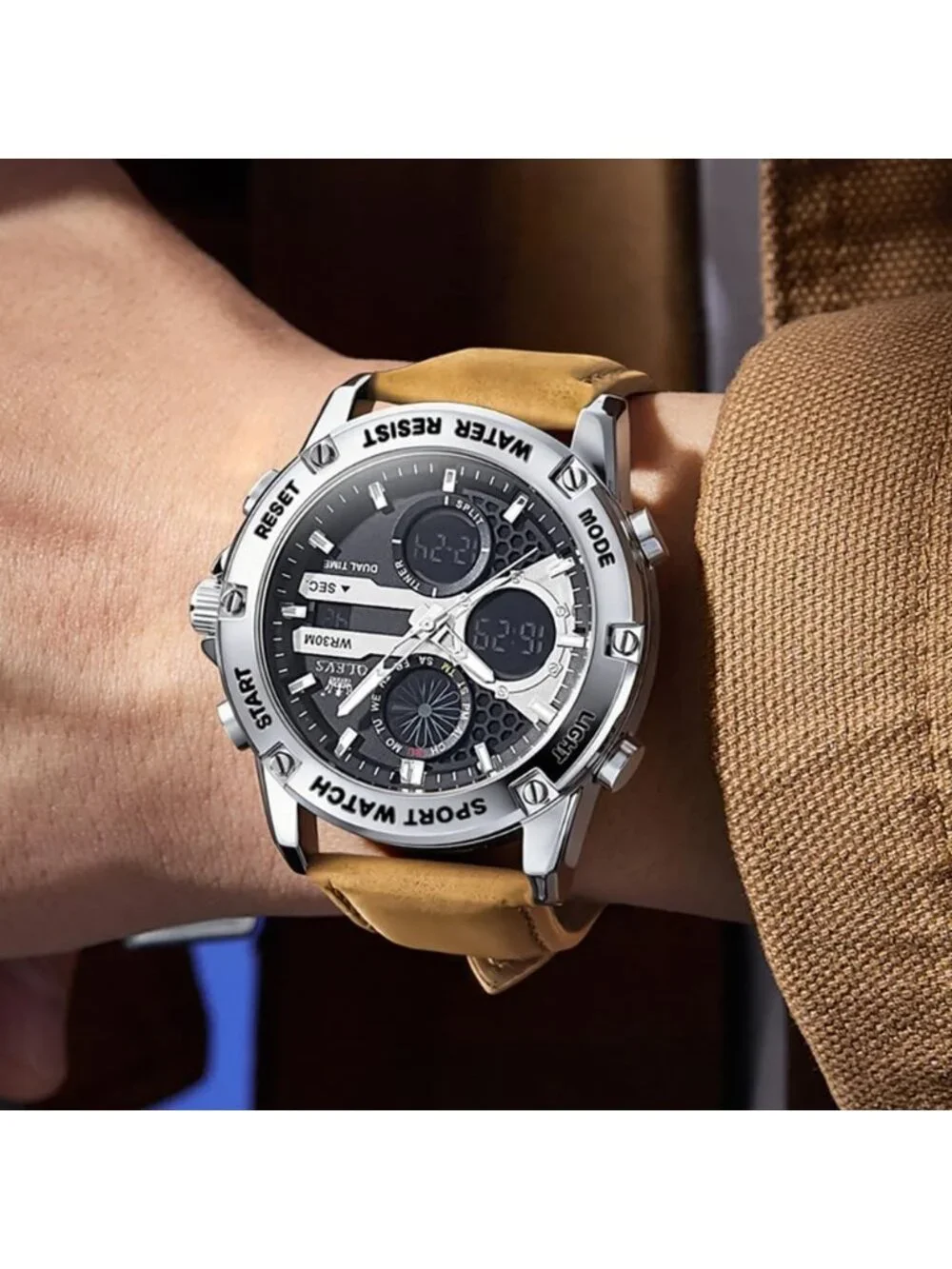 Men's Brown Silver Leather Chronograph Fashion Digital Waterproof Wrist Watch